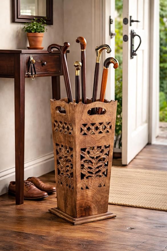 Hand-Carved Wooden Umbrella Stand & Walking Cane Holder, 21 Inch Tall Decorative Umbrella Rack, Rustic Floor Storage Organizer for Entryway, Hallway, Home & Office