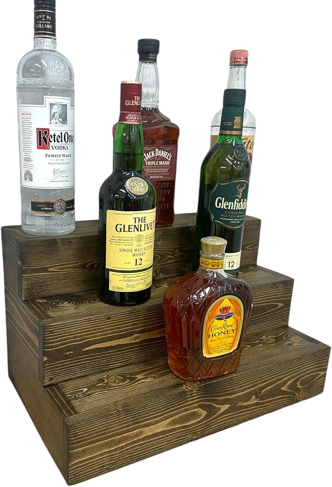 Handmade Tiered Display Shelving - Three Tier Bar Display - Bar Organizer - Liquor Bottle Display (18" with Back, Dark Walnut)