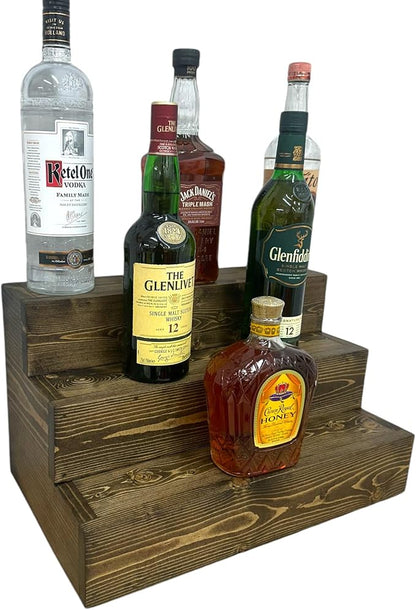 Handmade Tiered Display Shelving - Three Tier Bar Display - Bar Organizer - Liquor Bottle Display (18" with Back, Dark Walnut)
