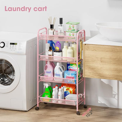 TOOLF 4 Tier Rolling Utility Cart - Durable Metal Design Pink Utility Cart, Storage Trolley on Wheels with 3 Hooks, Perfect for Kitchen, Bathroom & Laundry Room Organization