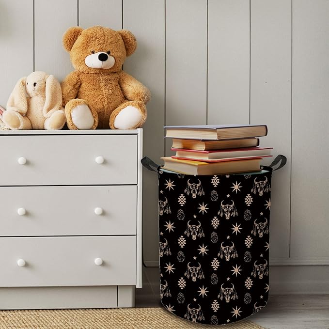 HKTZM Western Aztec Bull Skull Laundry Basket, Toybox for Boys Girls Room, Western Laundry Basket Hamper Waterproof Collapsible Clothes Toys Storage Bin Organizer for Bedroom Bathroom Kids Room Dorm