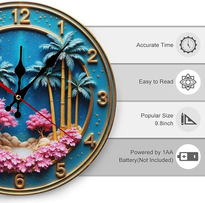 Wall Clock， Tropical Beach Non Ticking Wall Clocks Battery Operated， Blue Wooden Wall Clocks for Kitchen， Living Room， Bedroom， Office， Bathroom Decorative 25 * 25cm