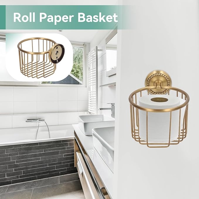 Brass Toilet Paper Holder, Wall Mounted Toilet Paper Holder Vintage Bathroom Roll Basket Antique Tissue Storage Basket for Bathroom