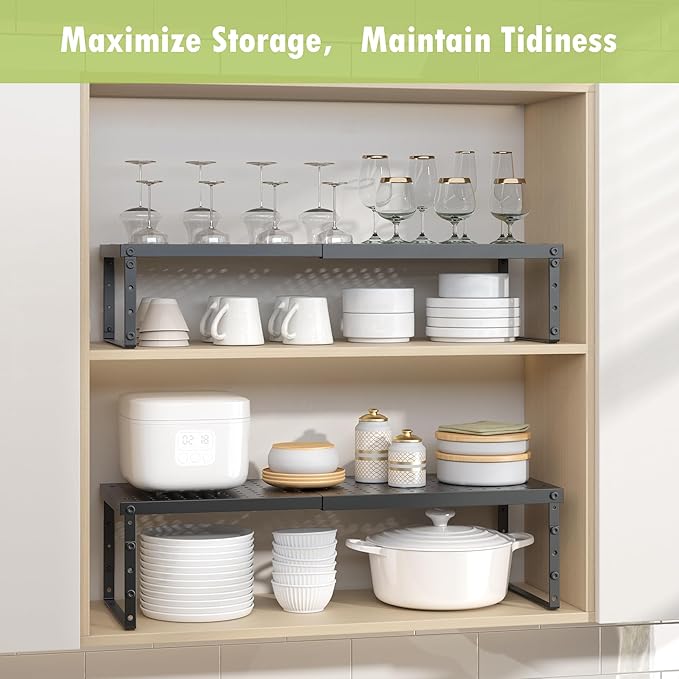 RUILALIFE Expandable Cabinet Organizer Shelf With Adjustable Height, Stackable Kitchen Countertop Organizer Rack, Adjustable Shelf Riser For Kitchen Counter, Pantry, Cupboard, Desk, Tabletop