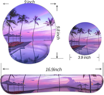 Ergonomic Mouse Pad with Wrist Rest and Keyboard Wrist Rest, Mousepad and Keyboard Pad, Non-Slip Rubber Base, Pain Relief, Mouse Pad Wrist Support for Gaming, Computer, Office, Home, Purple Beach