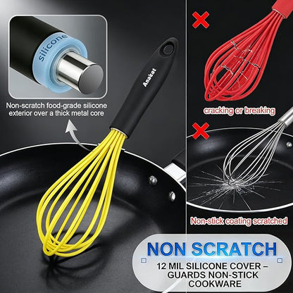 Anaeat Silicone Whisk, Thick Stainless Steel Wire Inner Heat Resistant - Kitchen Whisks for Non-Stick Cookware, Balloon Egg Beater for Whisking, Blending, Beating, Frothing & Stirring (Yellow)