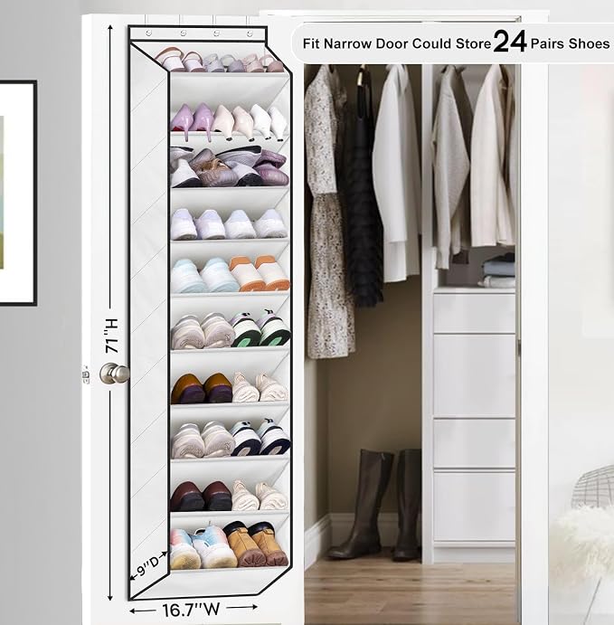 SLEEPING LAMB Over The Door Shoe Organizer for Closet with Large Deep Pockets, Narrow Shoe Rack for Door Hanging Boots Storage, White