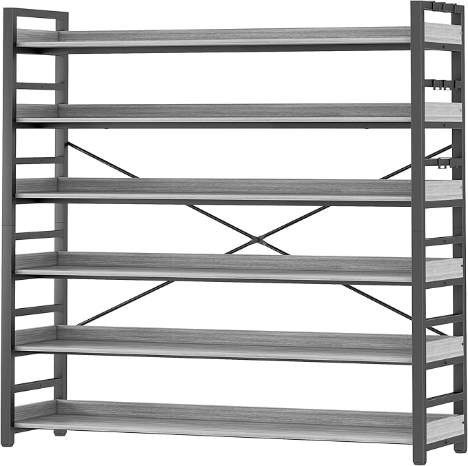 HCHQHS Bookshelf, Adjustable Industrial Bookcase, Vertical Tall Book Shelf, Wood and Black Metal Open Bookshelves for Home Office, Living Room, Bedroom (Grey, 6-Tier (47" W x 70" H))