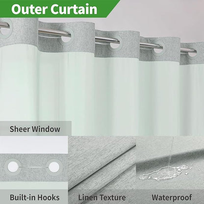 Long No Hooks Needed Linen Textured Shower Curtain with Snap-in Fabric Liner Set,Sage Green Hotel Luxury Decor Shower Curtains for Bathroom,Waterproof & Washable,71Wx80H