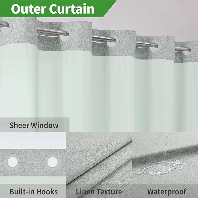 Stall No Hooks Needed Linen Textured Shower Curtain with Snap-in Fabric Liner Set,Hotel Luxury Decor Farmhouse Shower Curtains for Bathroom,Waterproof & Washable,54Wx80H,Sage Green