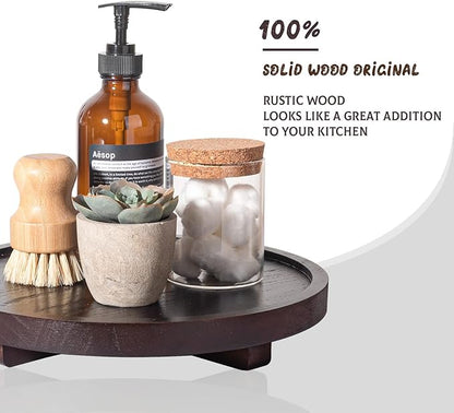Round Decorative Tray Wood Bathroom Counter Organizer Farmhouse Kitchen Decor Wooden Riser for Soap Dish, Perfume, Candle, Sponge, 10" - Walnut