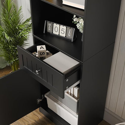 Farmhouse 71" Tall Bookshelf with Drawer, Narrow Bookcase with Adjustable Left/Right Door, Adjustable Shelf, Freestanding Display Book Shelf for Bedroom,Living Room, Office, Black