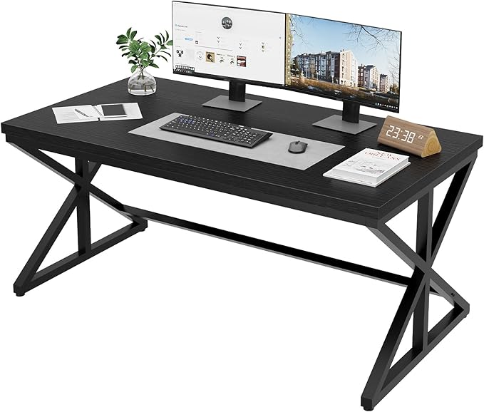 IBF 55 Inch Black Home Office Desks, Modern Computer Desk for Writing Study, Wood Metal Simple Gaming Work Table for Bedroom, Industrial Wooden Pc Workstation Executive Desk, Black Oak