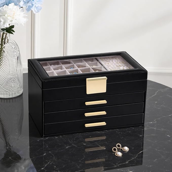 Lolalet Earring Storage Box Case with Glass Top, Large Earring Jewelry Holder Organizer Display with Drawer and Grid, Mothers Day Gifts -4 Tiers, Black