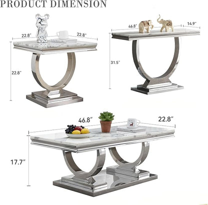 4 Piece Living Room Table Set Include 1 Faux Marble Coffee Table & 2 End Tables& 1 Console Table, Modern White Silver Coffee Table Set of 4 with Double O Shape Stainless Steel Pedestal Base