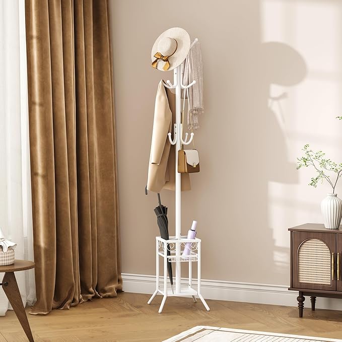 ELYKEN Coat Rack Freestanding with Umbrella Holder, Coat Tree with 12 Hooks, Coat Hanger Stand for Entryway, Metal Coat Rack Hat Rack Stand for Living Room Bedroom Office, White