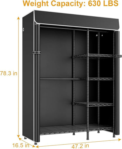 F2C Clothes Rack with Cover, Clothing Racks for Hanging Clothes, Heavy Duty Garment Rack with Shelves and Hanger Rods, Black Closet with Black Cover, 47.2" W x 16.5" D x 78.3" H, Load 630lbs