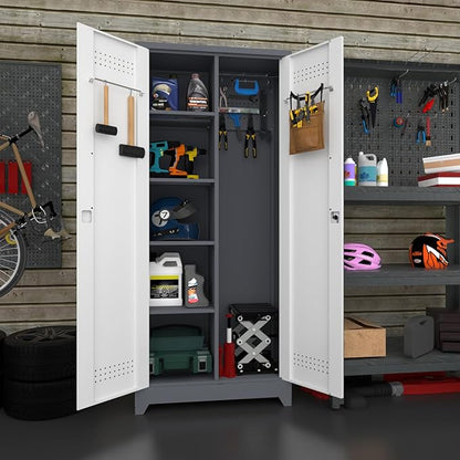 Metal Storage Cabinet,Broom Closet Storage Cabinet with Adjustable Shelves,Tall Utility Cabinet with Pegboard,Locking Storage Cabinets for Garage,Laundry,Basement,Grey-White