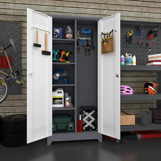 Metal Storage Cabinet,Broom Closet Storage Cabinet with Adjustable Shelves,Tall Utility Cabinet with Pegboard,Locking Storage Cabinets for Garage,Laundry,Basement,Grey-White
