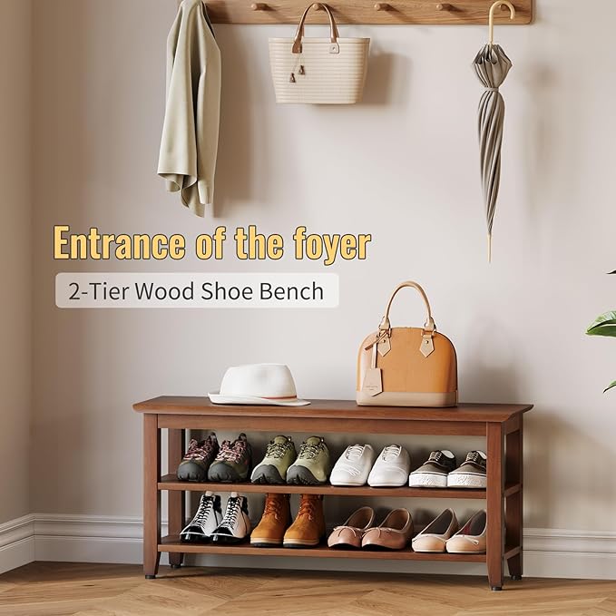 Wood Shoe Bench for Entryway,Bench with Shoe Rack,Storage Shoe Organizer for Hallway,Living Room,Bedroom (Brown, 39.37''W×11.81‘’D×17.71‘’H)