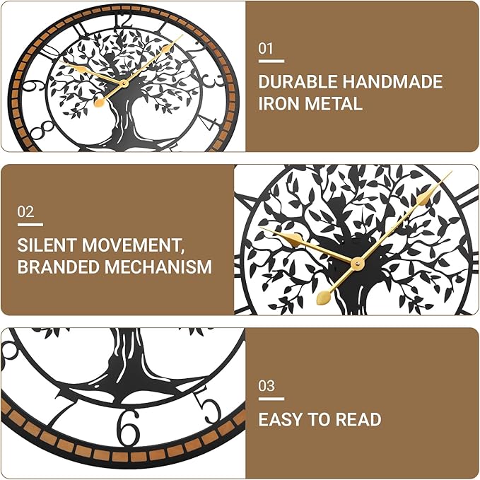 Axioglo Wall Clock,32" Large Wall Clock for Living Room Decor,Tree of Life and Wooden Frame Design,Non-Ticking Battery Operated,for Dining Room,Bedroom,Kitchen,Office Arabic Decoration