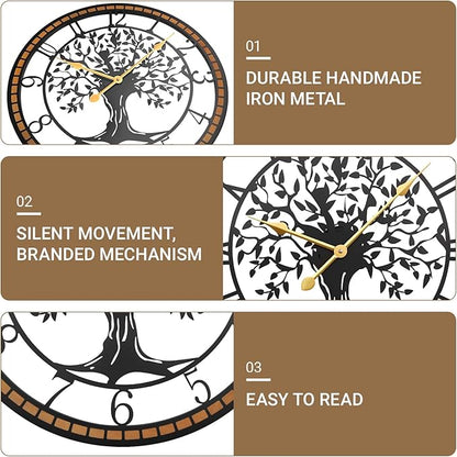 Axioglo Wall Clock,32" Large Wall Clock for Living Room Decor,Tree of Life and Wooden Frame Design,Non-Ticking Battery Operated,for Dining Room,Bedroom,Kitchen,Office Arabic Decoration