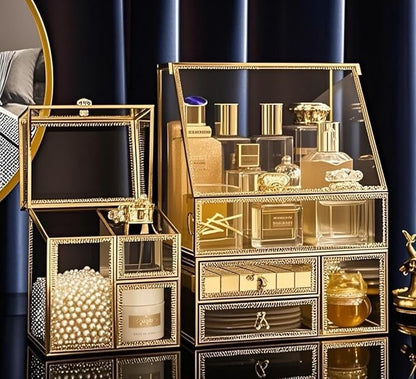 Hersoo Luxury Stackable Glass Cosmetic Organizer 3-Piece Set-Durable,Premium Shatterproof Vanity Storage,Artisan-Design for High-End Bathroom&Makeup Counter Decor(gold)