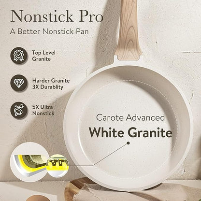 CAROTE Non Stick Frying Pan Skillet, Omelet Pan, Healthy Non Toxic Granite Chef Pan, Induction Compatible Egg Frying Pan with Heat-Resistant Handle, PFOA-Free, Cream White, 12"