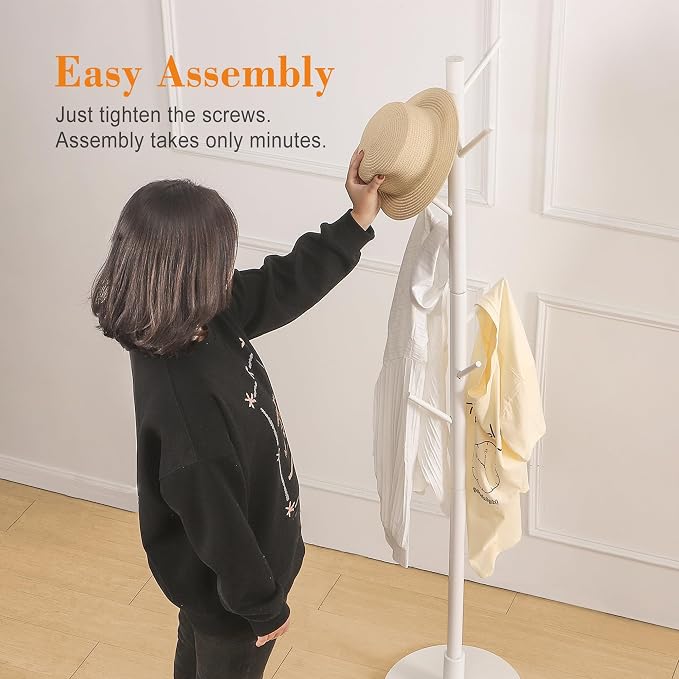 VECELO Coat Rack Freestanding, Entryway Hanger Stand, Umbrella Holder, Hall Tree With Hooks, Floor Standing Tree Stand,White