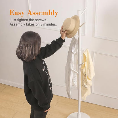 VECELO Coat Rack Freestanding, Entryway Hanger Stand, Umbrella Holder, Hall Tree With Hooks, Floor Standing Tree Stand,White