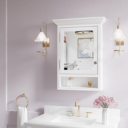 WELLFOR 24"x 32" Wall Mounted Wood Medicine Cabinet with Mirrors for Bathroom, 3-Tier Shelves and External Storage, Solid Wood Medicine Cabinet with Mirror, Anti-Fog Glass Mirror Cabinet