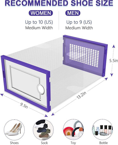 Kuject Shoe Organizers Storage Boxes for Closet, 12 Pack Clear Plastic Stackable Storage Bins with Lids, Under Bed Shoe Containers for Entryway, Drop Front, Fit up to Women's Size 10,Purple