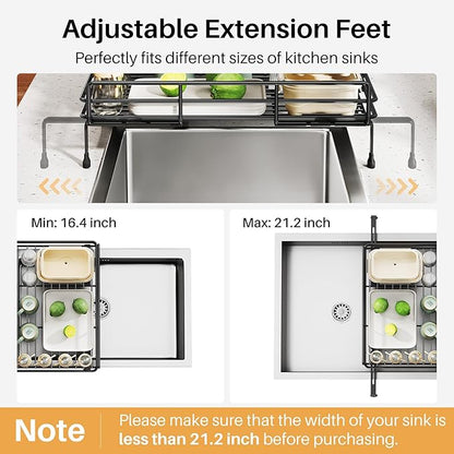 SNTD Dish Drying Rack - Extendable Dish Rack, Large Sink Drying Dish Drainer for Kitchen Counter, Stainless Steel Dish Strainer with Utensil Holder (Black)