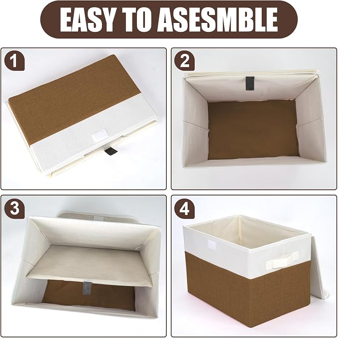 Bagnizer Large 22 Quart Linen Fabric Foldable Storage Bin Cube Organizer Basket with Flip-Top Lid & Handles, Clothes Blanket Box for Home, Office, Closet, Brown & White, 4 Pack 14.6 x 9.5 x 9.5