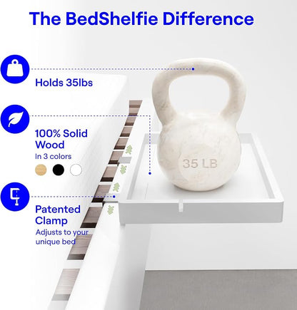 BedShelfie Wood Bedside Shelf for Bunk Bed & Top Bunk, College Dorm Room Essentials, Loft Nightstand, Floating Bed Side Table Tray Storage, Dorm Room Decor By Smallish - (DormEssential Wood, White)