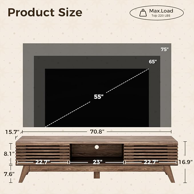 AODK 70.8" TV Stand for 55"/65"/75" TVs, Mid-Century Modern Fluted Entertainment Center with Sliding Doors, Storage Cabinets & Media Console Table, Living Room & Bedroom, Walnut