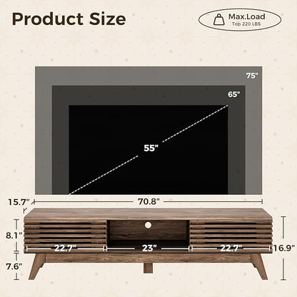 AODK 70.8" TV Stand for 55"/65"/75" TVs, Mid-Century Modern Fluted Entertainment Center with Sliding Doors, Storage Cabinets & Media Console Table, Living Room & Bedroom, Walnut