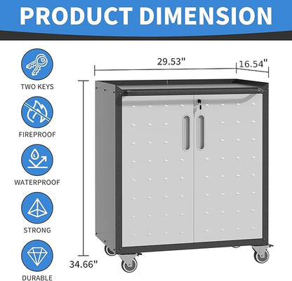 Metal Storage Cabinet with Wheels, Rolling Tool Cabinet with Doors and Shelves, Lockable Garage Storage Cabinet, Assembly Required (Black & Grey)