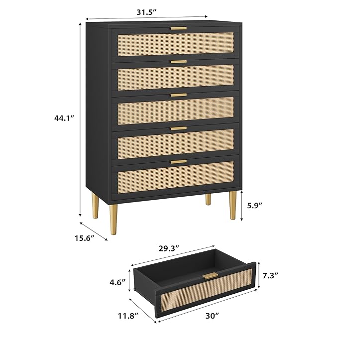 IDEALHOUSE Rattan 5 Drawer Dresser, 44'' Tall Narrow Chest of Drawer, Farmhouse Wooden Vertical Dresser with Metal Legs and Handles, Modern Cabinet for Bedroom, Living Room, Black