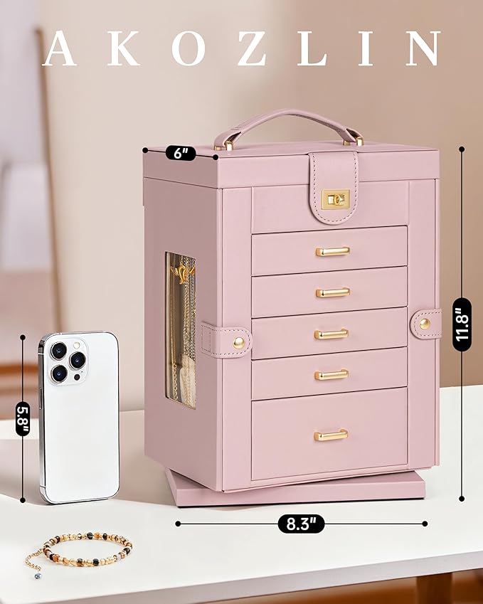 AKOZLIN 360° Rotating Jewelry Box 6-Tier Organizer Functional Jewelry Storage Case for Women Girls Ring Necklace Earring Bracelet Holder with Mirror Pink