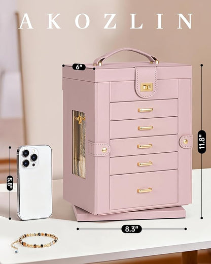 AKOZLIN 360° Rotating Jewelry Box 6-Tier Organizer Functional Jewelry Storage Case for Women Girls Ring Necklace Earring Bracelet Holder with Mirror Pink