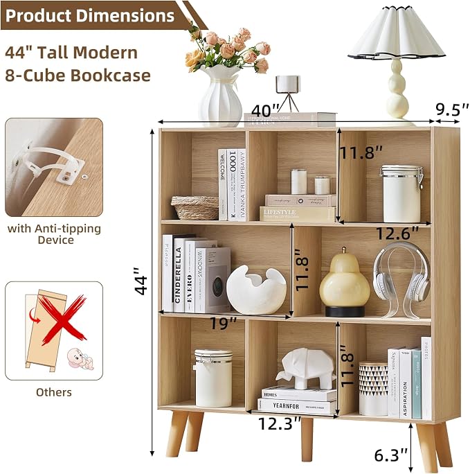 LEYAOYAO 8 Cube Bookshelf,3 Tier Bookcase with Legs,Light Wood Mid-Century Modern Bookshelves,Large Open Storage Organizer Shelf, Wooden Book Case