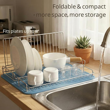 Collapsible Dish Drying Rack, 304 Stainless Steel Foldable Dish Rack for RV Camper Travel Trailer Boat, Folding Dish Drainer with Absorbent Mat, Compact Space Saving Kitchen Organizer, Silver