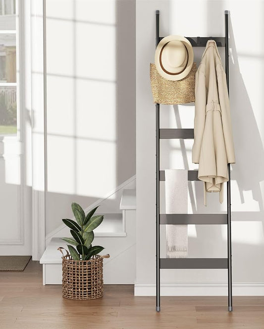 Blanket Ladder, 6-Tier Towel Holder with 4 Removable Hooks, Farmhouse Wall Leaning Decorative Rack Shelf, Wooden Towel Display Rack, Quilt Ladder for Living Room, Bedroom, Black