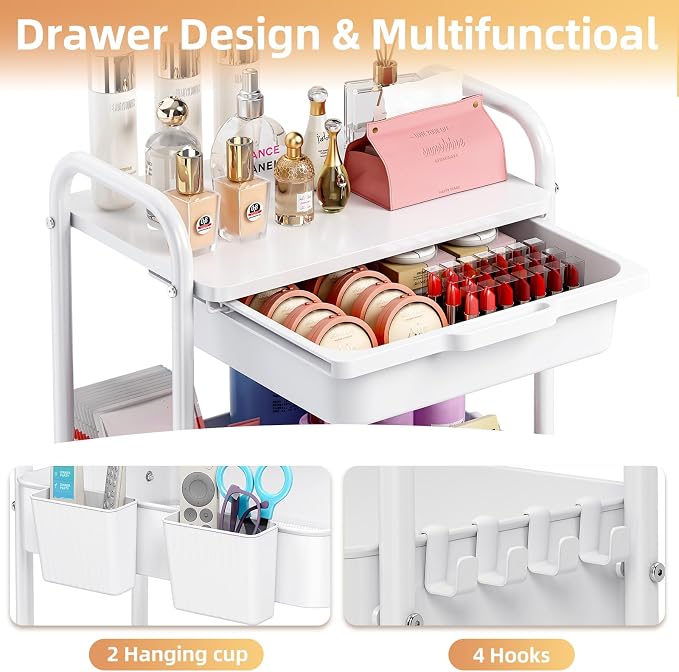 3 Tier Metal Rolling Utility Cart with Drawer & Lockable Wheels - Heavy Duty Multifunctional Storage Organizer with 2 Cups and 4 Hooks for Bathroom, Kitchen, Snack, Craft, Makeup, Baby Essentials