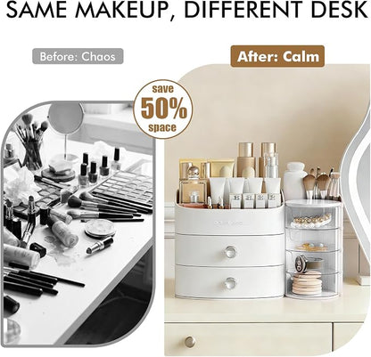 Makeup Organizer Countertop with Drawers, Make up Organizers for Vanity, Skincare Jewelry Earring Organizers, Cosmetic Display Cases Makeup Storage for Bedroom & Bathroom, Ideal Gifts for Women(White)