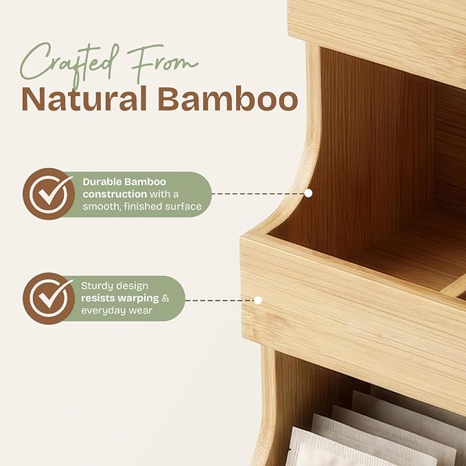 Tea bag organizer with 3-tier storage & 4 matching coasters. Fully assembled. Deluxe bamboo tea organizer for tea bags, coffee pods, condiments and pantry organization. Holds up to 180 tea bags.