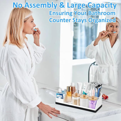 Bathroom Organizer Countertop, White Silicone Toothbrush Holders for Bathrooms with 3PCS Qtip Holder Dispenser, Toothbrush and Toothpaste Holder for Bathroom Counter Organization Storage Vanity