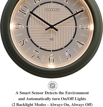 CLXEAST 14" LED Illuminated in/Outdoor Atomic Analog Wall Clock with Night Light,Coastal Beach Nautical Wall Clocks for Living Room Decor, Olive Sage Green Decor