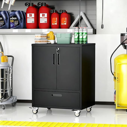 Metal Storage Cabinet with Wheels, Mobile Garage Storage Cabinet with 2 Lockable Doors and 1 Drawer, Rolling Tool Cabinet, Assembly Required, Black